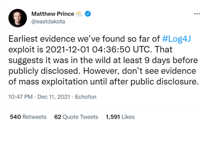 Matthew Prince Tweet Log4j